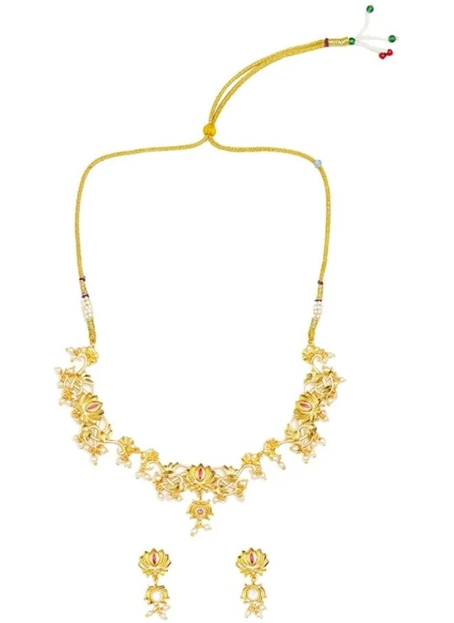 VOYLLA Apsara Faux Pearls Adorned Brass Lotus Motifs Gold Plated Jewellery Set