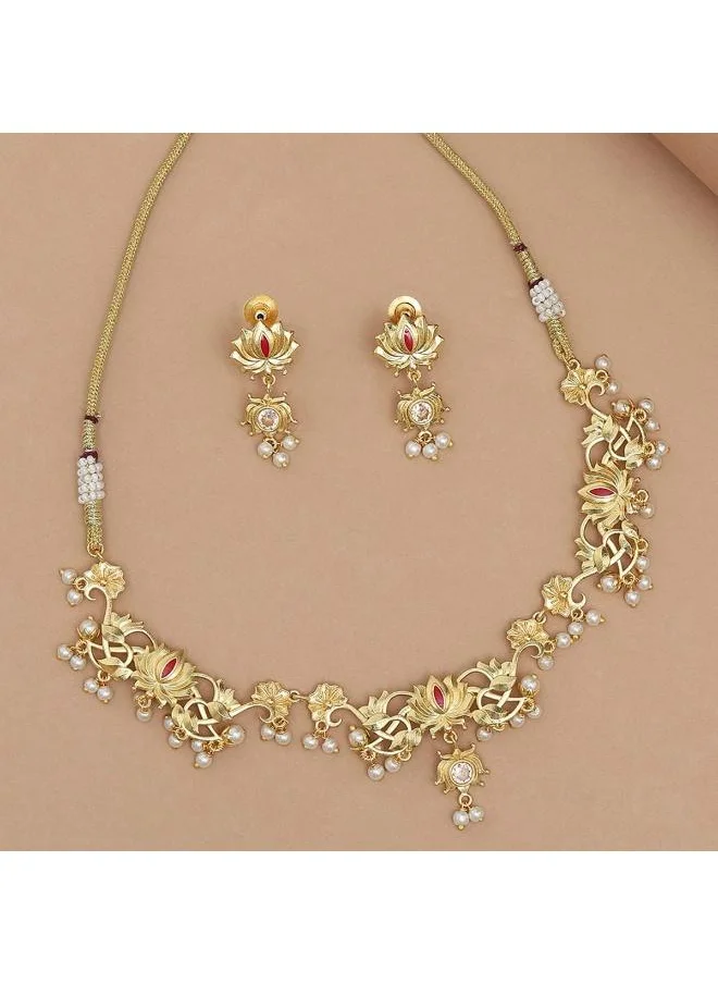 VOYLLA Apsara Faux Pearls Adorned Brass Lotus Motifs Gold Plated Jewellery Set