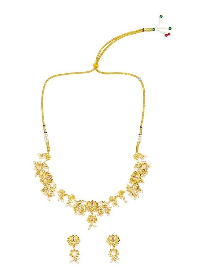 VOYLLA Apsara Faux Pearls Adorned Brass Lotus Motifs Gold Plated Jewellery Set  - Image 3