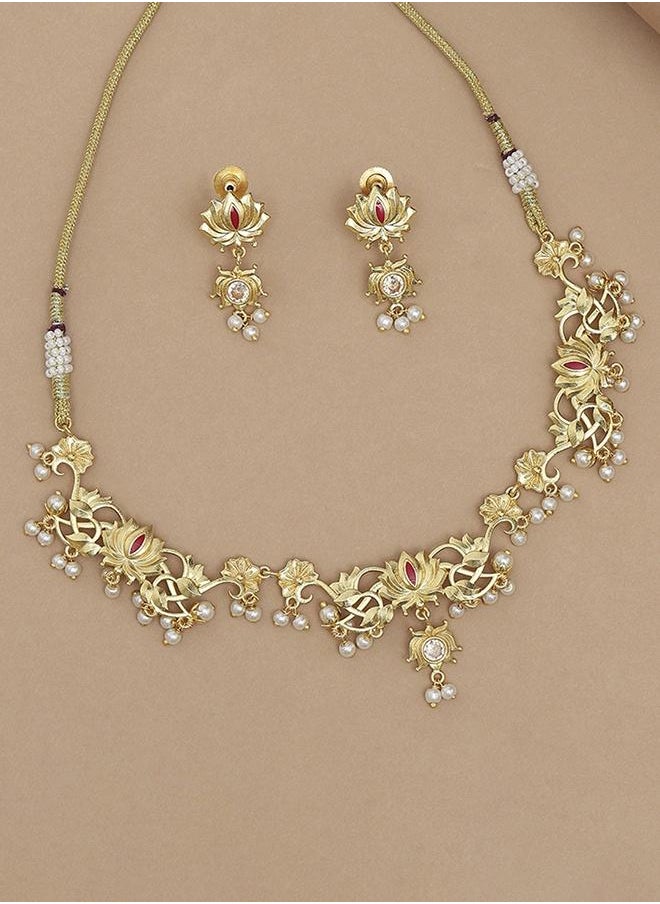 VOYLLA Apsara Faux Pearls Adorned Brass Lotus Motifs Gold Plated Jewellery Set  - Image 1