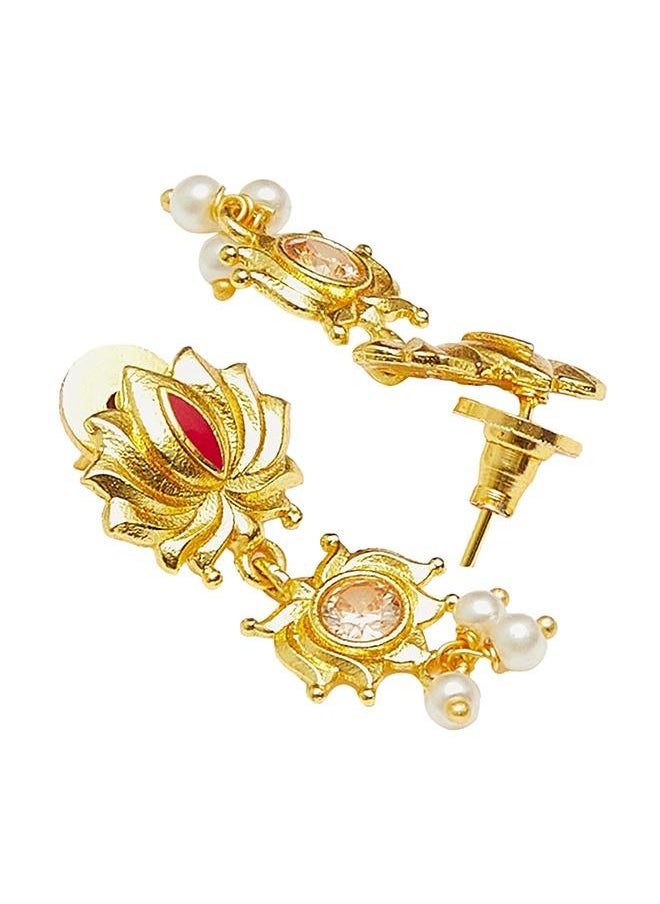 VOYLLA Apsara Faux Pearls Adorned Brass Lotus Motifs Gold Plated Jewellery Set  - Image 4