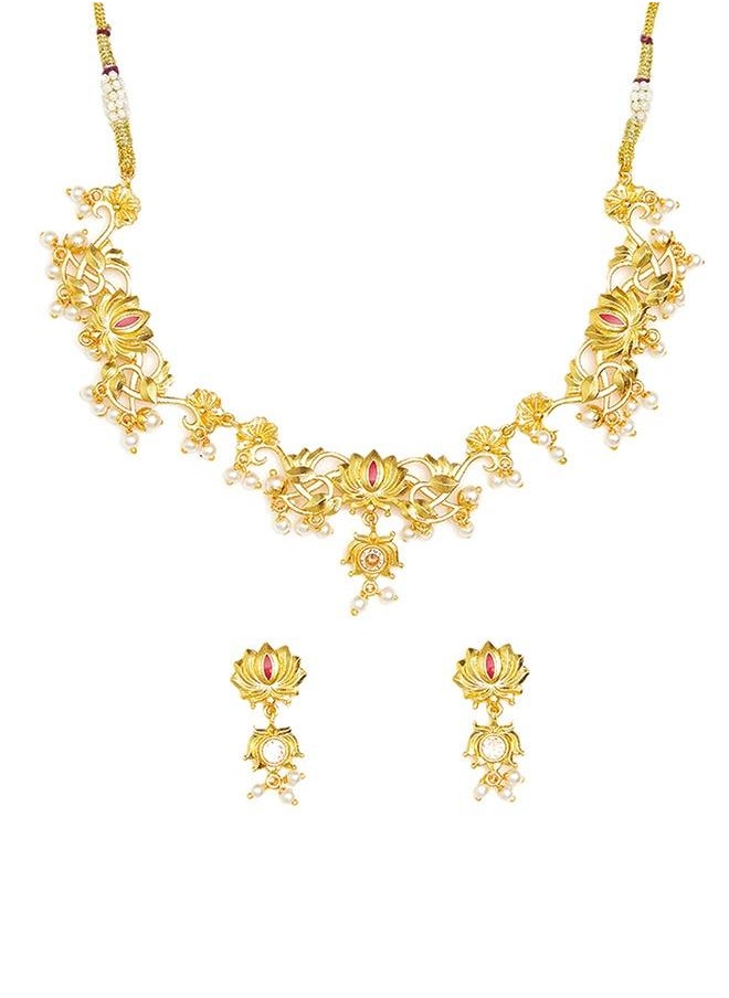 VOYLLA Apsara Faux Pearls Adorned Brass Lotus Motifs Gold Plated Jewellery Set  - Image 2