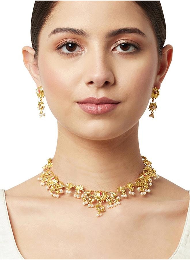 VOYLLA Apsara Faux Pearls Adorned Brass Lotus Motifs Gold Plated Jewellery Set  - Image 5