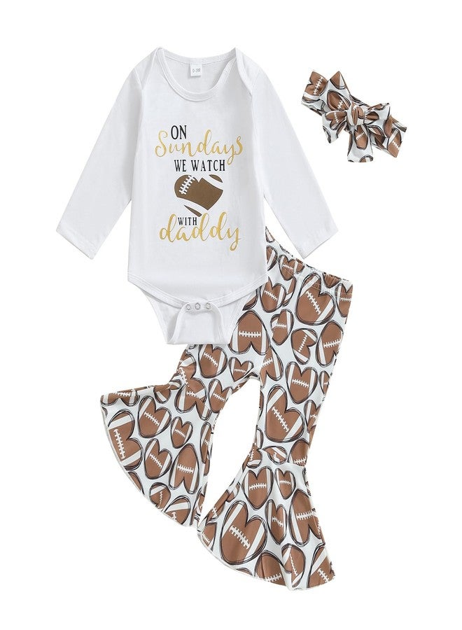 Lamuusaa Newborn Baby Girl Football Outfit Long Sleeve Romper Football Flared Pants Headband Fall Outfits 0-18M (White, 3-6 Months) - Image 1