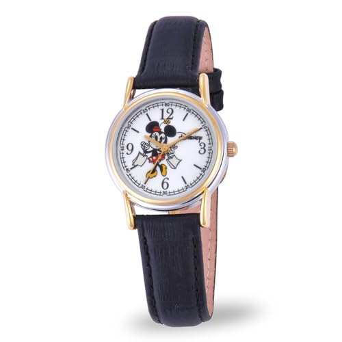 Disney Minnie Mouse Watch for Women – Stylish Minnie Mouse Watches for Women, Elegant & Fun Timepiece – Black Leather Strap, Silver Case, White Dial, Gold Bezel - Image 1