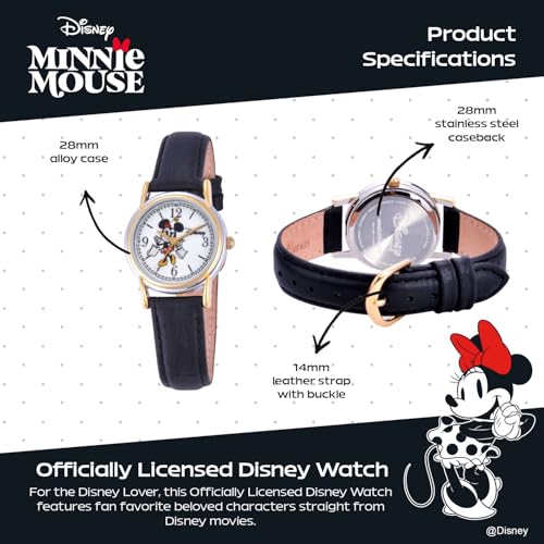 Disney Minnie Mouse Watch for Women – Stylish Minnie Mouse Watches for Women, Elegant & Fun Timepiece – Black Leather Strap, Silver Case, White Dial, Gold Bezel - Image 3