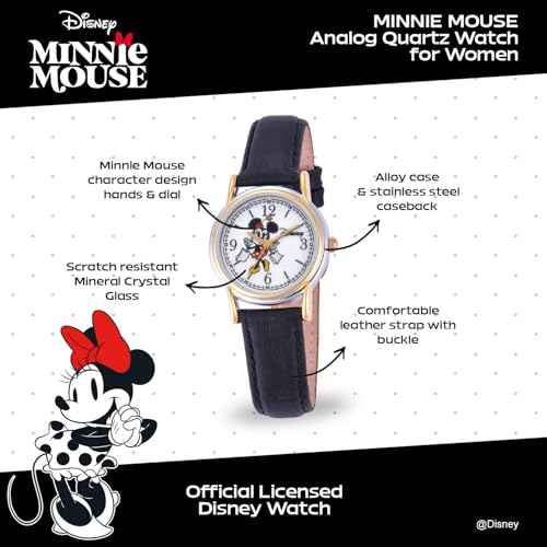 Disney Minnie Mouse Watch for Women – Stylish Minnie Mouse Watches for Women, Elegant & Fun Timepiece – Black Leather Strap, Silver Case, White Dial, Gold Bezel - Image 2