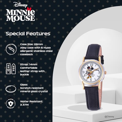 Disney Minnie Mouse Watch for Women – Stylish Minnie Mouse Watches for Women, Elegant & Fun Timepiece – Black Leather Strap, Silver Case, White Dial, Gold Bezel - Image 4