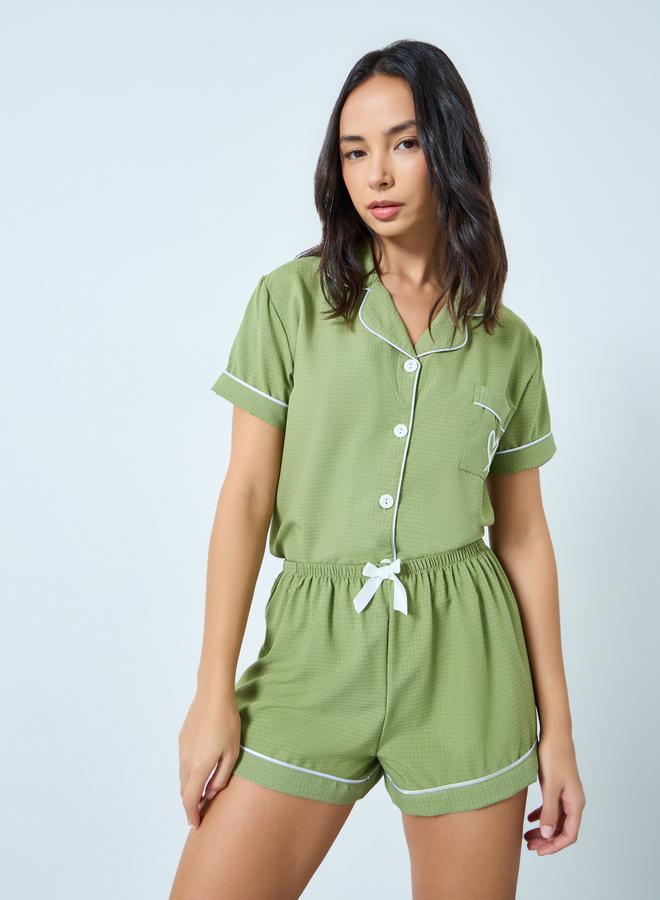 Take Two Green Contrast Piping Shirt and Shorts Set - Image 4