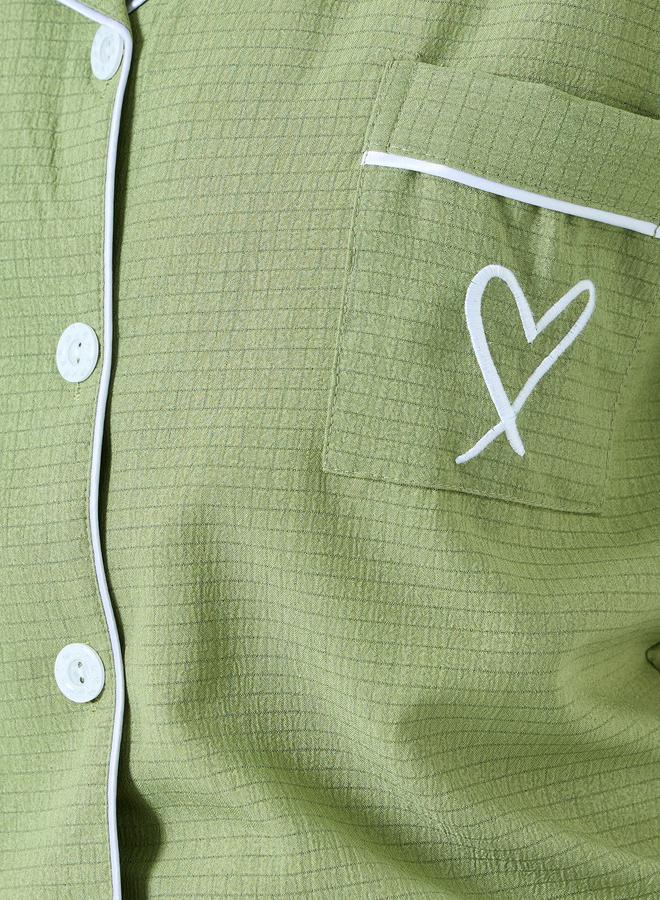 Take Two Green Contrast Piping Shirt and Shorts Set - Image 3