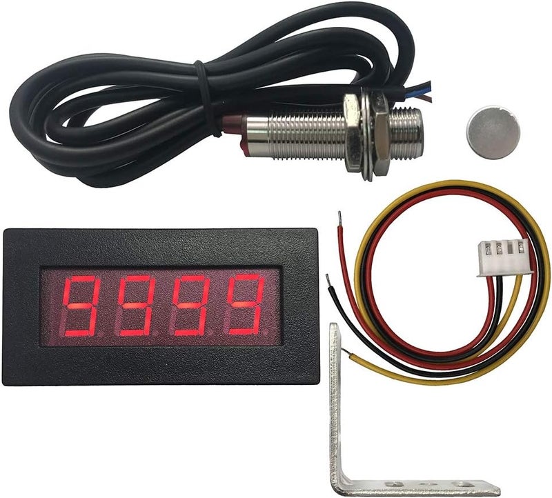 DIGITEN 4 Digital Red LED Tachometer RPM Speed Meter + Hall Proximity Switch Magnet Sensor NPN + Sensor Mounting Holder for Lathe Conveyor Belt - Image 1