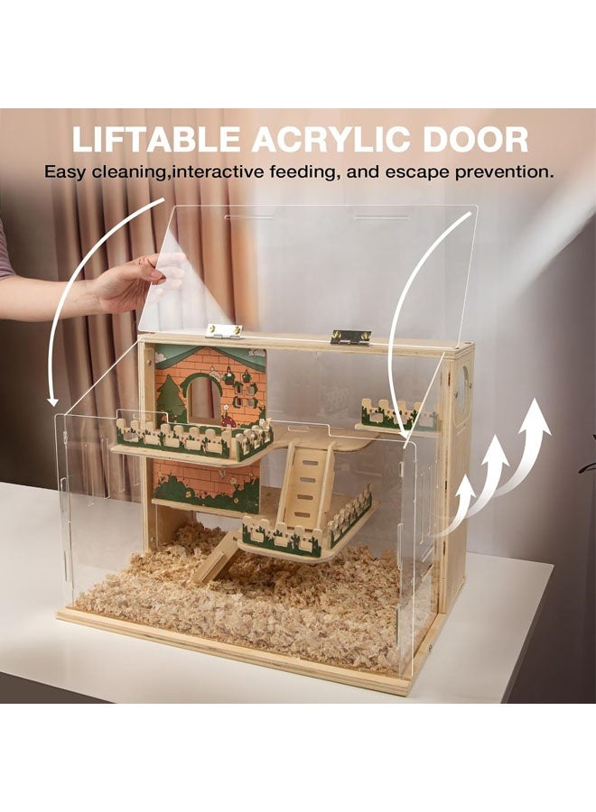L&E Wooden Hamster Cage, 15.8" 3-Layer Acrylic Dwarf Hamster Cages,Top Open Small Animal Cages with Stairs, Fences, Pastoral Style Mouse Cage for Pet Mice, Hedgehog - Image 4