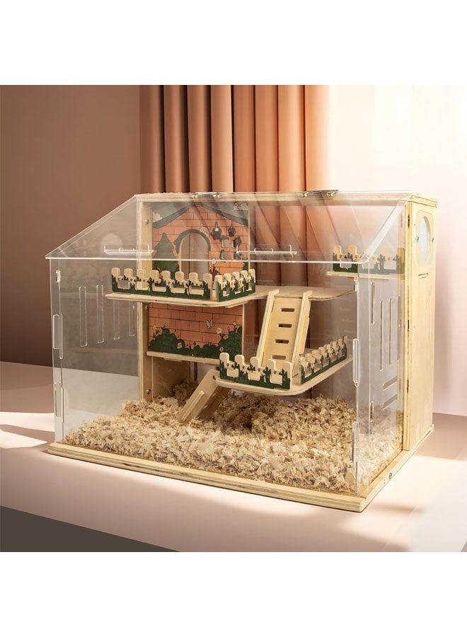 L&E Wooden Hamster Cage, 15.8" 3-Layer Acrylic Dwarf Hamster Cages,Top Open Small Animal Cages with Stairs, Fences, Pastoral Style Mouse Cage for Pet Mice, Hedgehog - Image 2