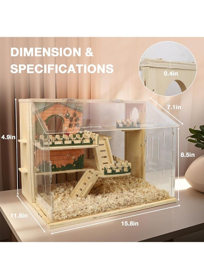 L&E Wooden Hamster Cage, 15.8" 3-Layer Acrylic Dwarf Hamster Cages,Top Open Small Animal Cages with Stairs, Fences, Pastoral Style Mouse Cage for Pet Mice, Hedgehog - Image 3