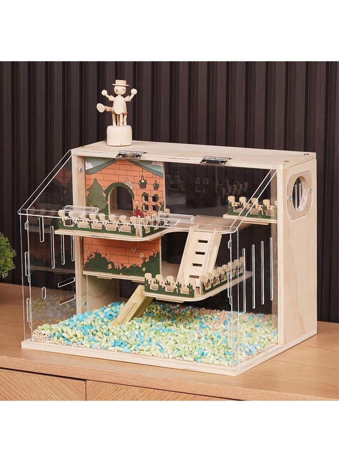 L&E Wooden Hamster Cage, 15.8" 3-Layer Acrylic Dwarf Hamster Cages,Top Open Small Animal Cages with Stairs, Fences, Pastoral Style Mouse Cage for Pet Mice, Hedgehog - Image 1