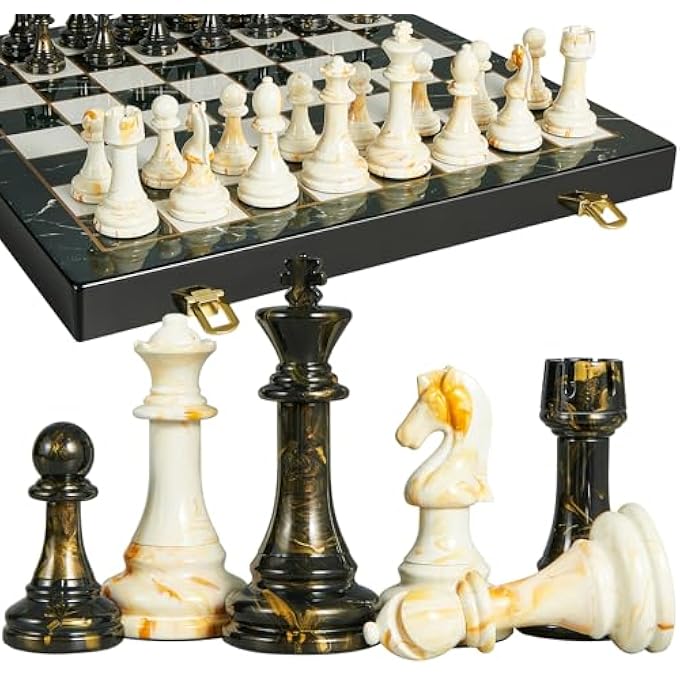 OUMODA 15 Large Chess Set for Adults Weighted Acrylic Pieces Including Extra 2 Queens 35 King wLeather Base Portable Folding Marbling Wooden Chess Board  TravelFamily Game  Elegant Gift - Image 1