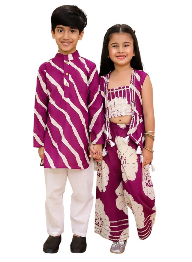 AJ Dezines أزياء متطابقة للأشقاء من AJ DEZINES طقم قطن مزخرف بالأزهار للبنين والبنات باللون الأرجواني | ملابس عرقية للأطفال | زي تقليدي للاحتفالات | أرجواني-9-24 - Image 1