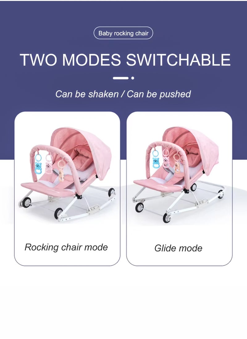 Toshionics 2 in 1 Baby Rocker with Wheels Adjustable Sun Shade and 3-Level Reclining Seat Hanging Toys Removable Pillow and Safety Belt for Babies 0 to 2 Years Old Boys and Girls Easy to Carry Foldable and Lightweight Rocking Chair with Wheels  - Image 5