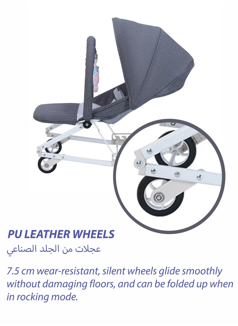 Toshionics 2 in 1 Baby Rocker with Wheels Adjustable Sun Shade and 3-Level Reclining Seat Hanging Toys Removable Pillow and Safety Belt for Babies 0 to 2 Years Old Boys and Girls Easy to Carry Foldable and Lightweight Rocking Chair with Wheels  - Image 3