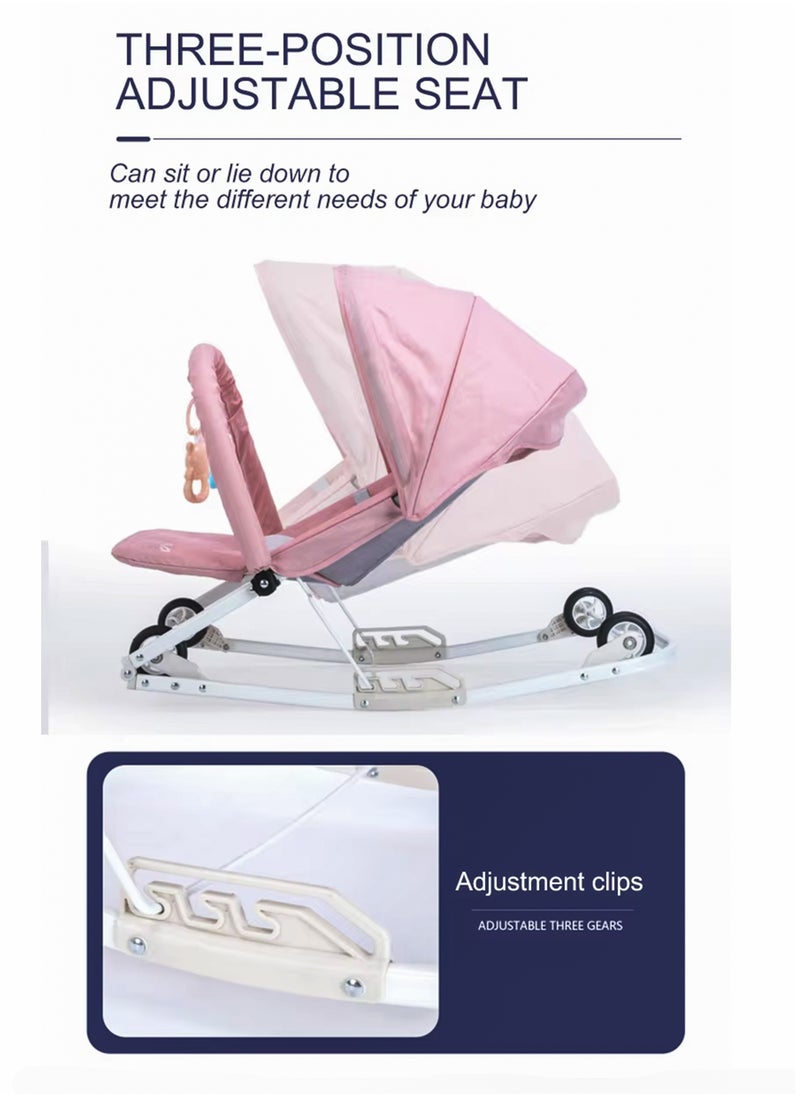 Toshionics 2 in 1 Baby Rocker with Wheels Adjustable Sun Shade and 3-Level Reclining Seat Hanging Toys Removable Pillow and Safety Belt for Babies 0 to 2 Years Old Boys and Girls Easy to Carry Foldable and Lightweight Rocking Chair with Wheels  - Image 4