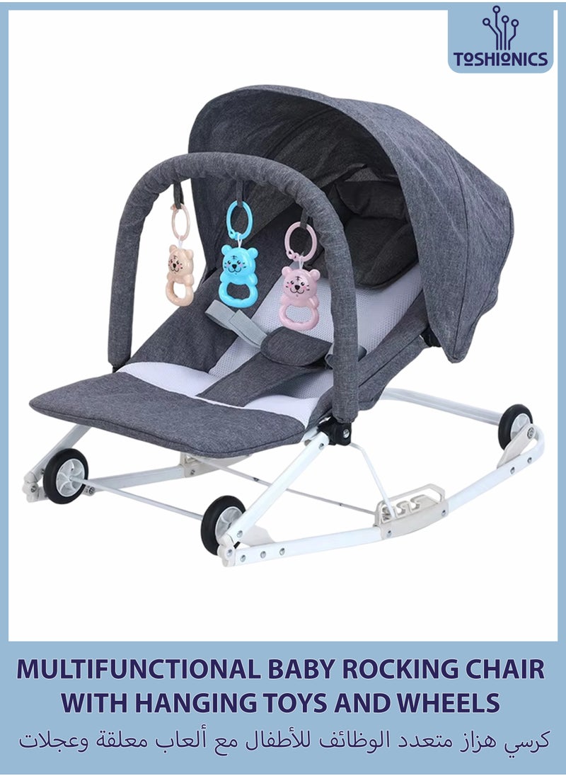 Toshionics 2 in 1 Baby Rocker with Wheels Adjustable Sun Shade and 3-Level Reclining Seat Hanging Toys Removable Pillow and Safety Belt for Babies 0 to 2 Years Old Boys and Girls Easy to Carry Foldable and Lightweight Rocking Chair with Wheels  - Image 1