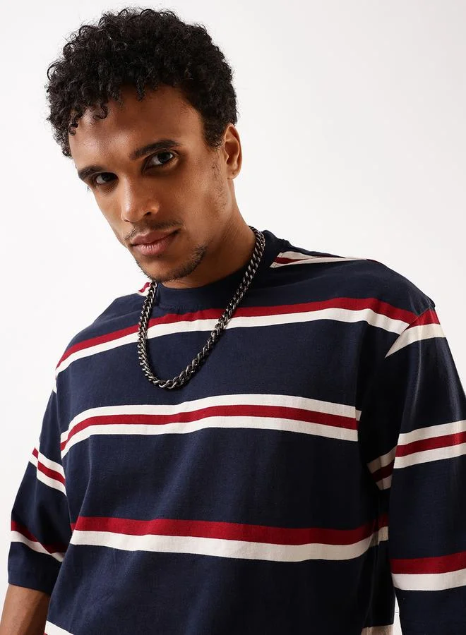 HIGH STAR Men's Multicolour Single Jersey Striped Oversized T-Shirt