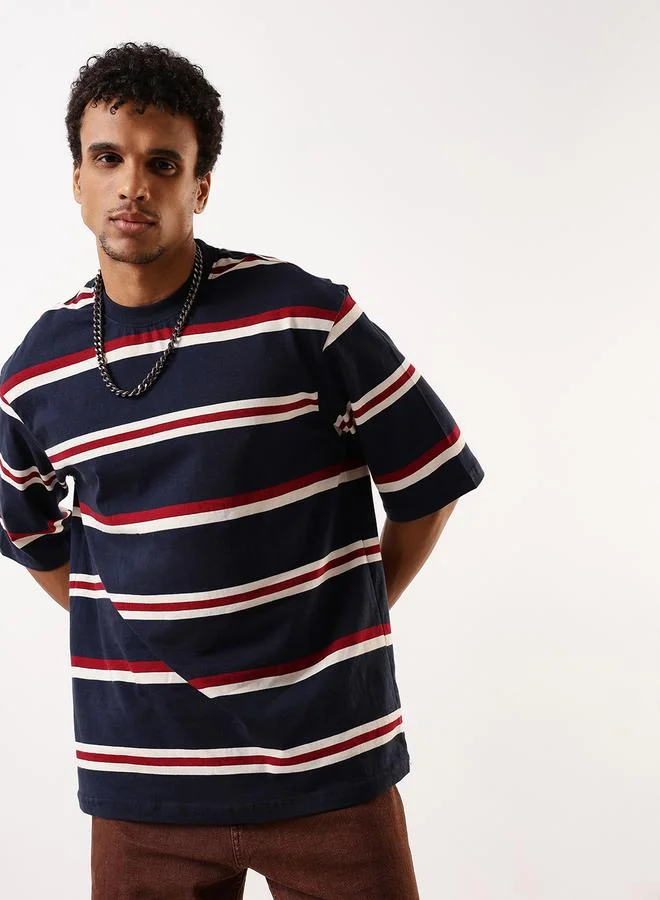 Men's Multicolour Single Jersey Striped Oversized T-Shirt
