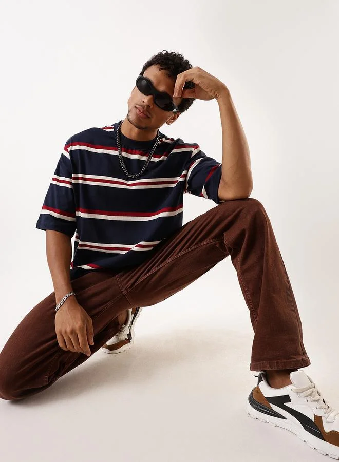 HIGH STAR  Men's Multicolour Single Jersey Striped Oversized T-Shirt for Men | Best Price UAE
