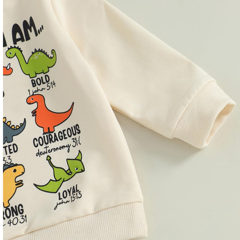 Fernvia Toddler Boy Fall Winter Clothes God Says I Am Long Sleeve Pullover Sweatshirts + Solid Joggers Pants Outfits Set (A Dinosaur Beige, 3-4T) - Image 5