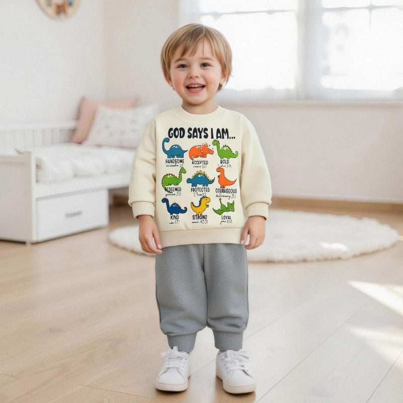Fernvia Toddler Boy Fall Winter Clothes God Says I Am Long Sleeve Pullover Sweatshirts + Solid Joggers Pants Outfits Set (A Dinosaur Beige, 3-4T) - Image 3
