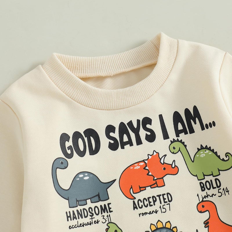 Fernvia Toddler Boy Fall Winter Clothes God Says I Am Long Sleeve Pullover Sweatshirts + Solid Joggers Pants Outfits Set (A Dinosaur Beige, 3-4T) - Image 4
