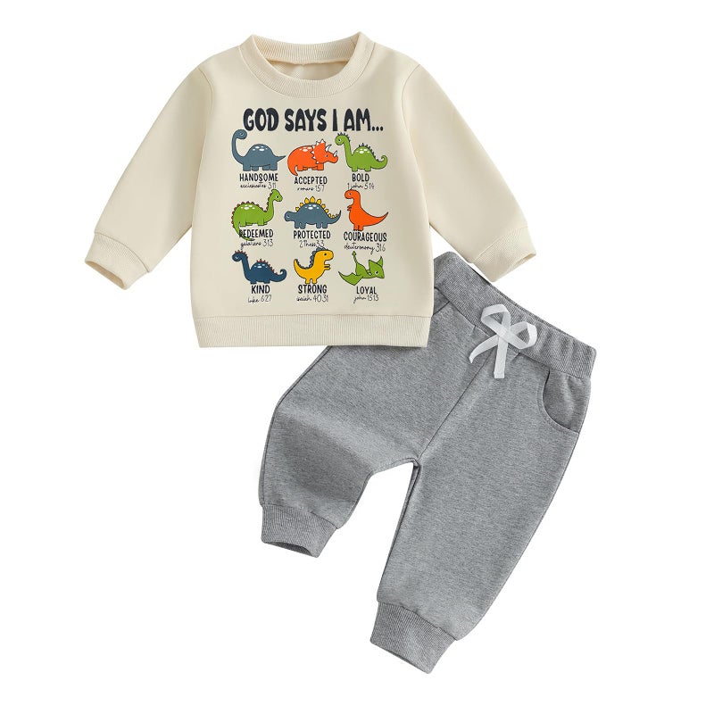 Fernvia Toddler Boy Fall Winter Clothes God Says I Am Long Sleeve Pullover Sweatshirts + Solid Joggers Pants Outfits Set (A Dinosaur Beige, 3-4T) - Image 1
