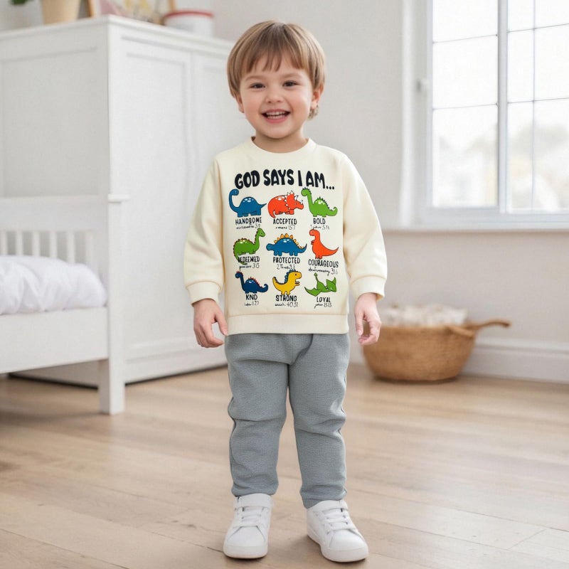 Fernvia Toddler Boy Fall Winter Clothes God Says I Am Long Sleeve Pullover Sweatshirts + Solid Joggers Pants Outfits Set (A Dinosaur Beige, 3-4T) - Image 2