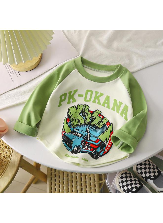 Children's De Velvet Long-sleeved T-shirt Autumn And Winter New Cartoon Color Matching Raglan Bottoming Shirt Top For Boys And Girls