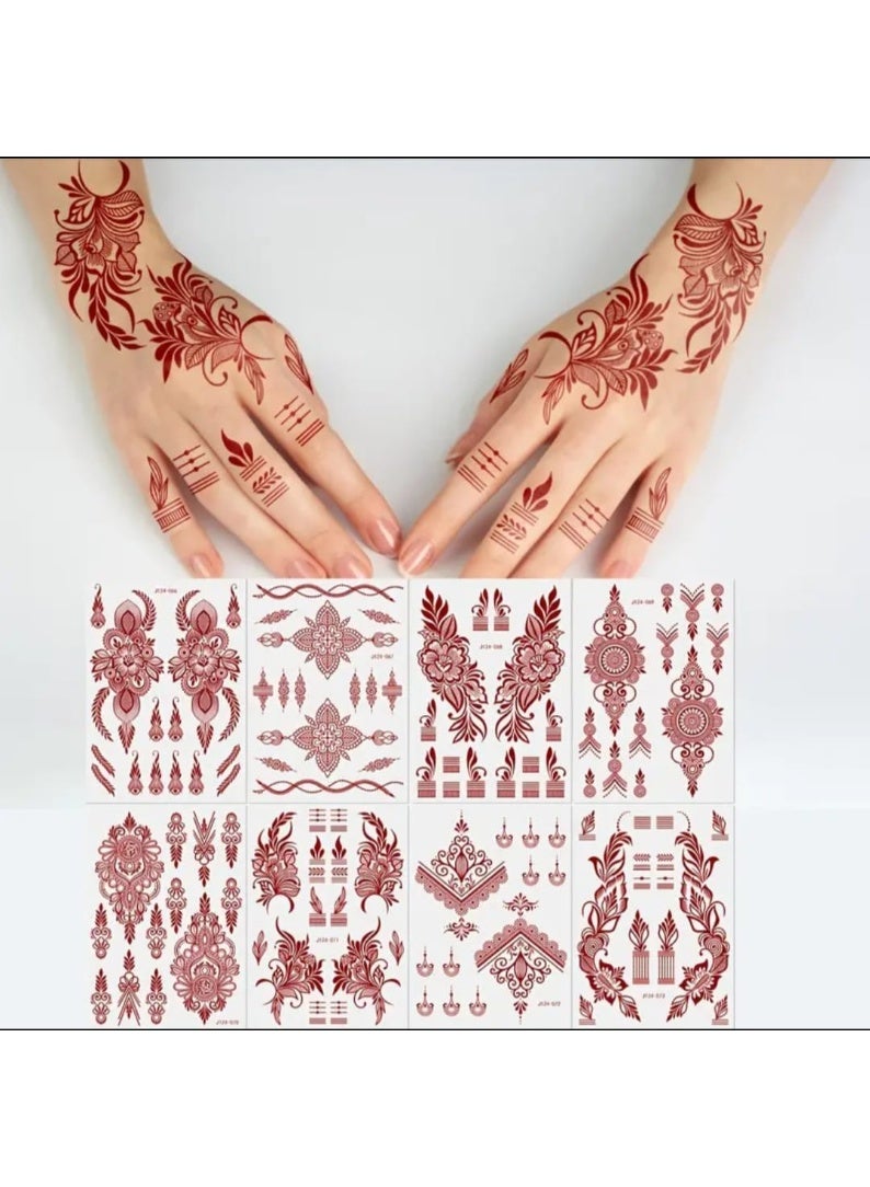 BOLREUS 8 Sheet Brown Floral Henna Tattoo Stickers, Waterproof Temporary Tattoos, Oblong Mehndi Design for Women, Body Art Makeup, Wedding Party Decor - Image 1