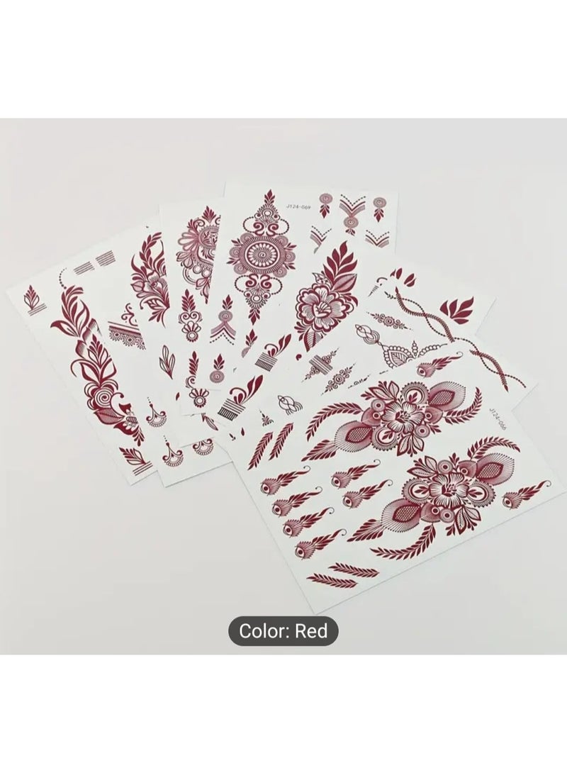 BOLREUS 8 Sheet Brown Floral Henna Tattoo Stickers, Waterproof Temporary Tattoos, Oblong Mehndi Design for Women, Body Art Makeup, Wedding Party Decor - Image 2