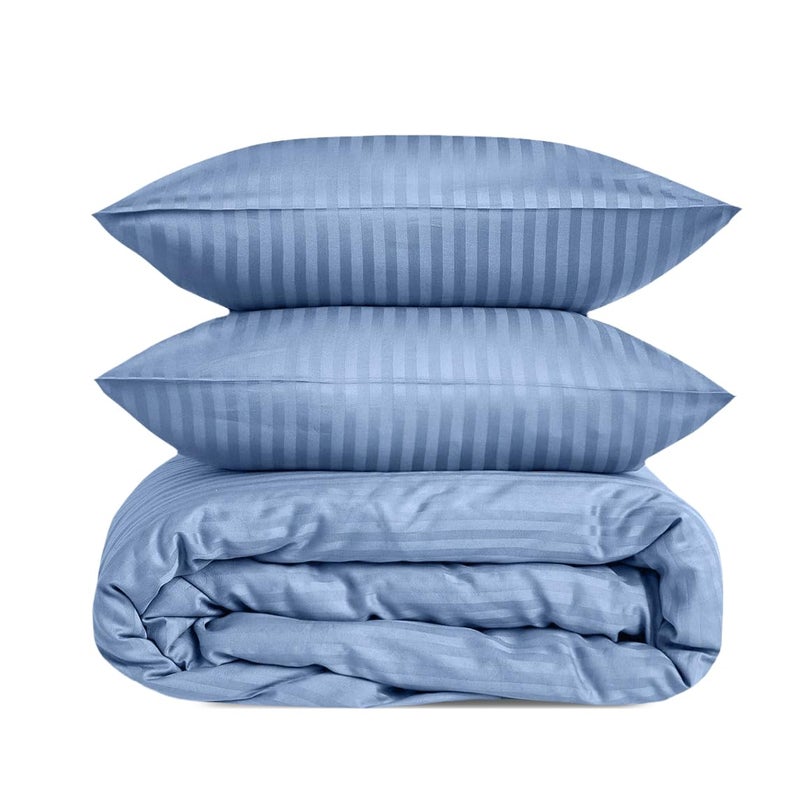 Luxury Satin Stripe Duvet Cover Set 1cm Stripes – Soft Cotton Hotel Bedding, Breathable, Durable, Elegant Design (Blue, King (U.K. Standard)) size 240x250 cm