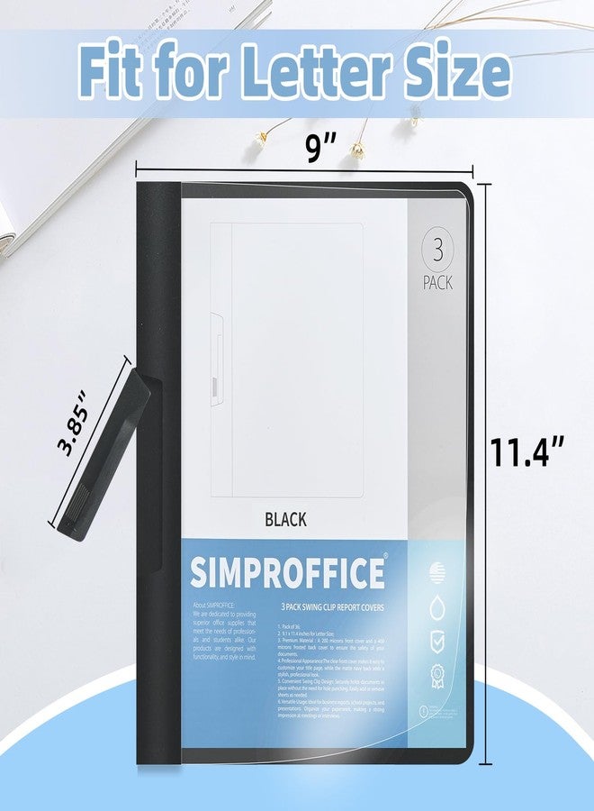 SIMPROFFICE Swing Clip Report Covers, Professional Presentation Folders, Black Report Folders with Swing Clip and Clear Cover, 9 x 11.4 Inches, 3 Pack - Image 2