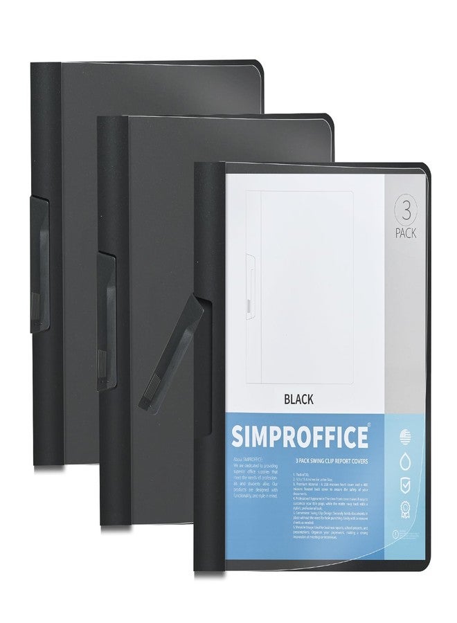 SIMPROFFICE Swing Clip Report Covers, Professional Presentation Folders, Black Report Folders with Swing Clip and Clear Cover, 9 x 11.4 Inches, 3 Pack - Image 1