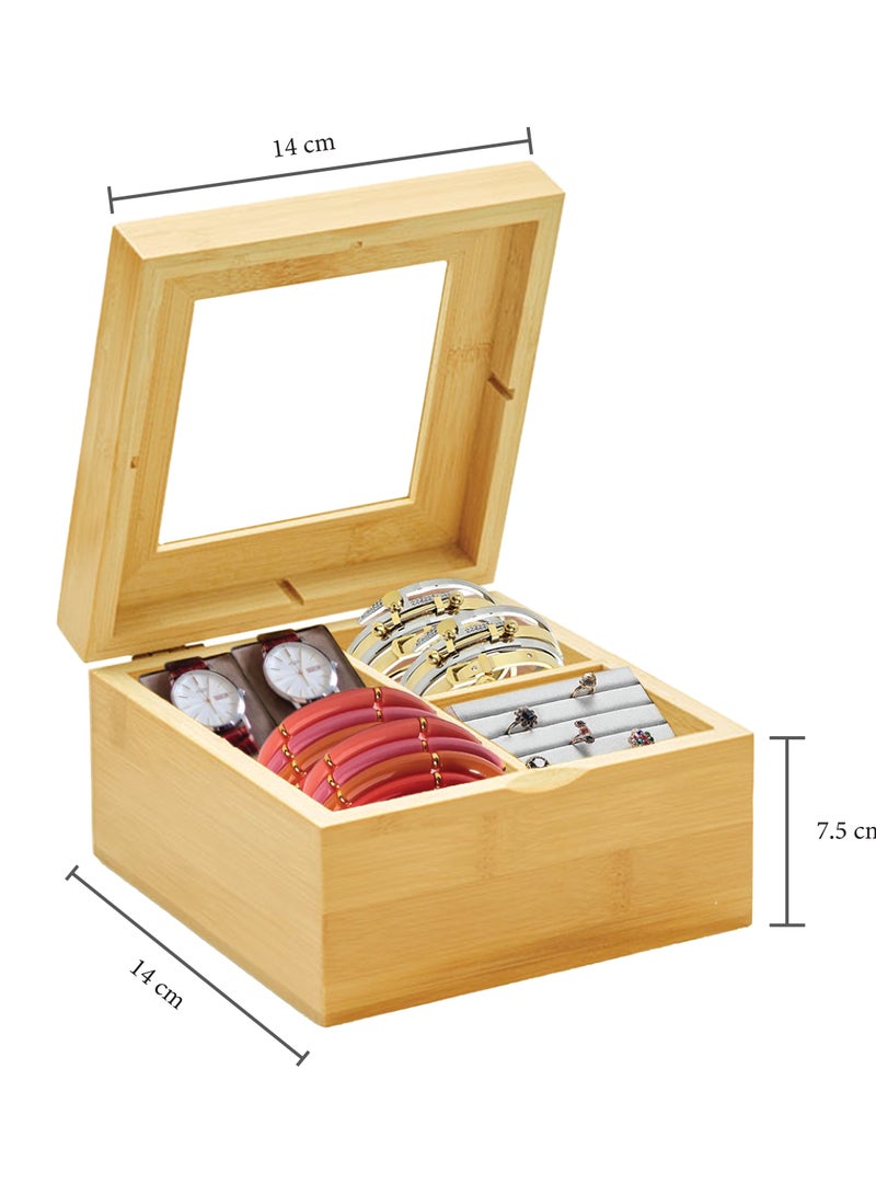 Jinou Jewelry Organizer - Made With Premium Quality Bamboo Material With Transparent Glass Lid - Jewelry Box For Earrings, Necklaces, Rings, Bracelets, Watches, Beads. - Image 2