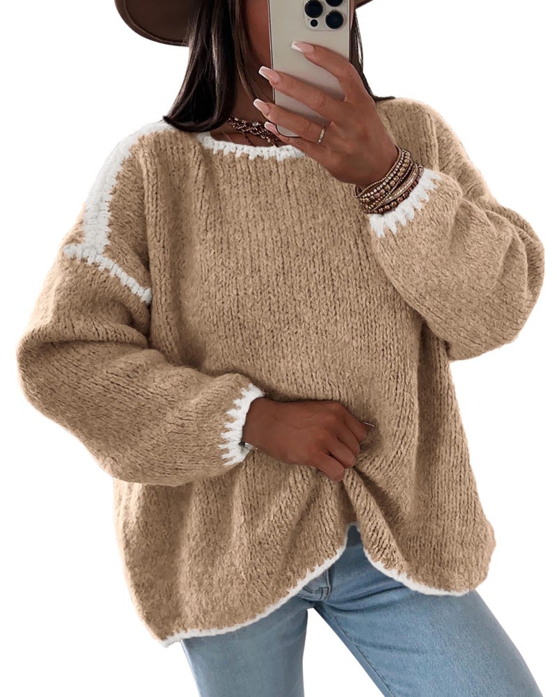 KIRUNDO Womens Sweaters 2026 Fall Oversized Long Sleeve Chunky Knit Crew Neck Contrast Stitching Pullover Winter Clothes(Khaki, Large) - Image 1
