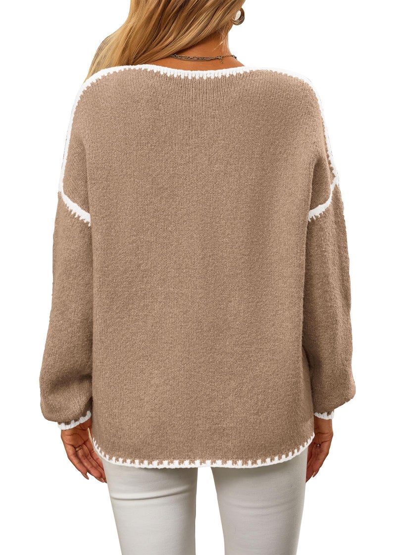 KIRUNDO Womens Sweaters 2026 Fall Oversized Long Sleeve Chunky Knit Crew Neck Contrast Stitching Pullover Winter Clothes(Khaki, Large) - Image 2