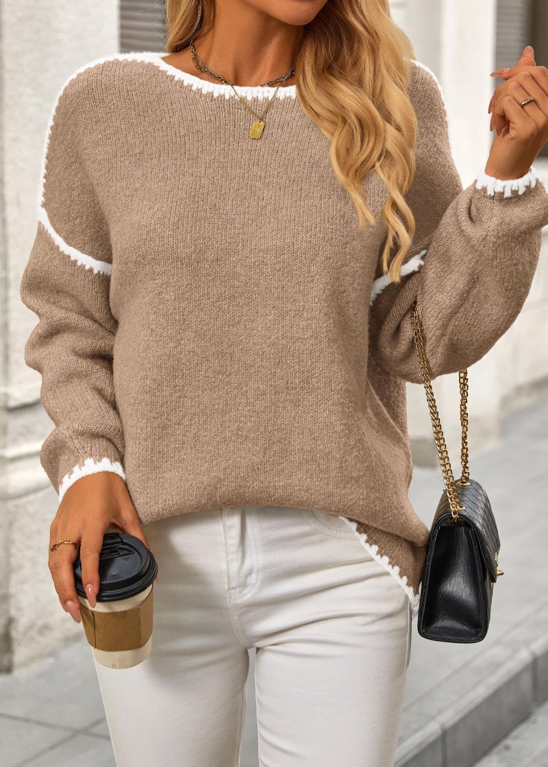 KIRUNDO Womens Sweaters 2026 Fall Oversized Long Sleeve Chunky Knit Crew Neck Contrast Stitching Pullover Winter Clothes(Khaki, Large) - Image 4