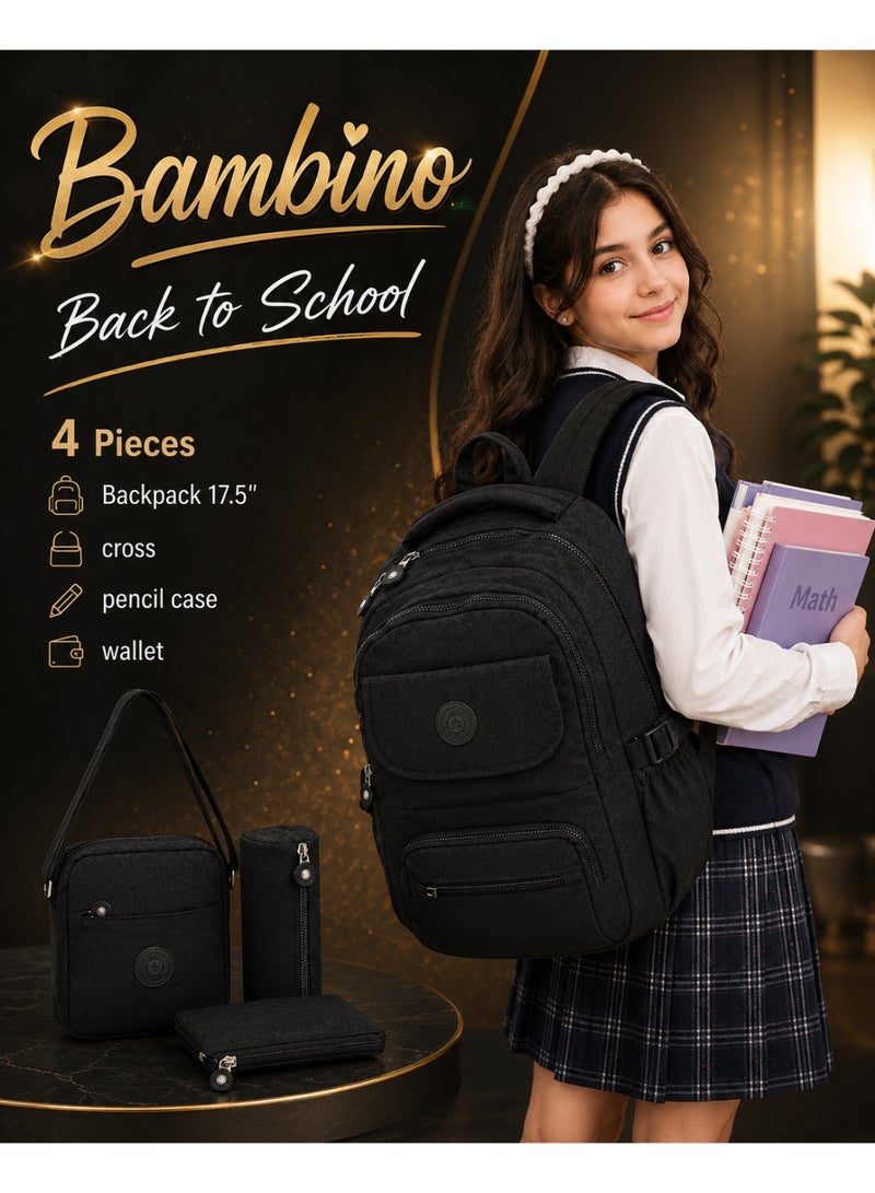 4-Piece School Set – 18-Inch Backpack with Crossbody Bag, Pencil Case and Wallet – For Primary & Preparatory School - Black - Image 2