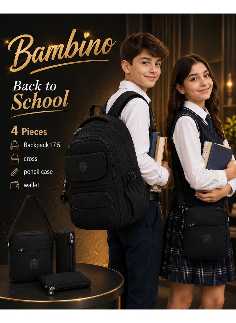 4-Piece School Set – 18-Inch Backpack with Crossbody Bag, Pencil Case and Wallet – For Primary & Preparatory School - Black - Image 3