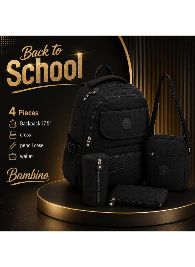4-Piece School Set – 18-Inch Backpack with Crossbody Bag, Pencil Case and Wallet – For Primary & Preparatory School - Black - Image 5