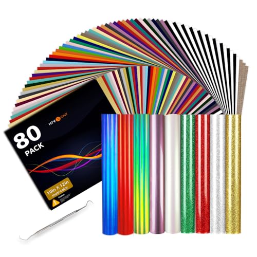 HTVRONT HTV Heat Transfer Vinyl Bundle: 80 Pack 12" x 10" Iron on Vinyl for T-Shirt, 39 Assorted Colors with Vinyl Accessories Tweezers for Silhouette Cameo or Heat Press Machine - Image 1