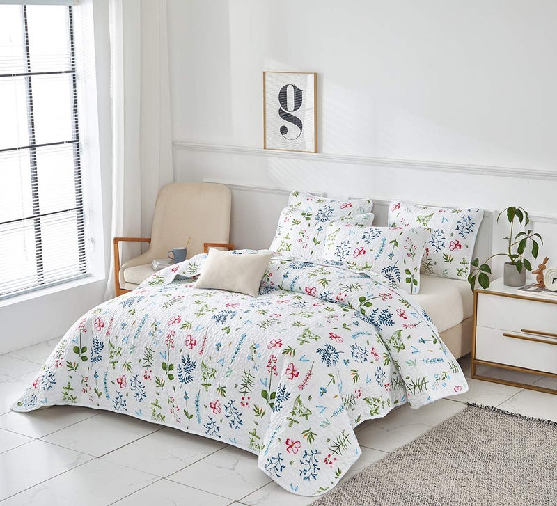 UOZZI BEDDING 3 Piece Reversible White Quilt Set Queen Size with Blue Green Leaves and Red Flowers Soft Microfiber Lightweight Floral Adult Summer Coverlet Bedspread for All Season - Image 3