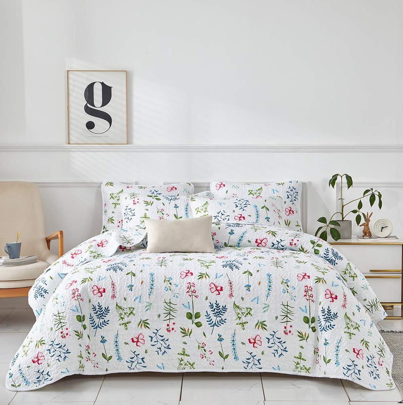 UOZZI BEDDING 3 Piece Reversible White Quilt Set Queen Size with Blue Green Leaves and Red Flowers Soft Microfiber Lightweight Floral Adult Summer Coverlet Bedspread for All Season - Image 2