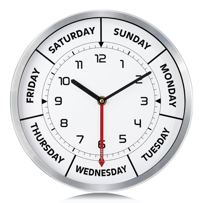Lafocuse Lafocuse 12 Inch Silver Silent Day of The Week Clock for Living Room Retirement Day Clock for Elderly Seniors Metal 